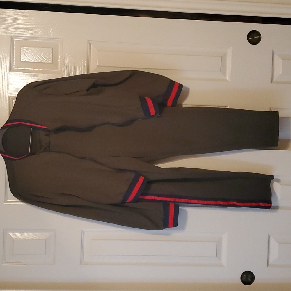 Two piece olive with navy and red stripes jogger suit